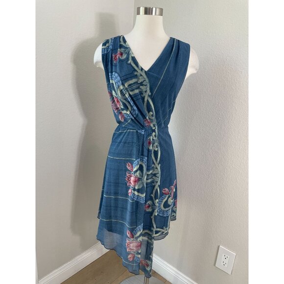 Anna Sui Womens 4 Blue Floral Sleeveless Dress V Neck Asymmetrical Hem - Picture 1 of 9